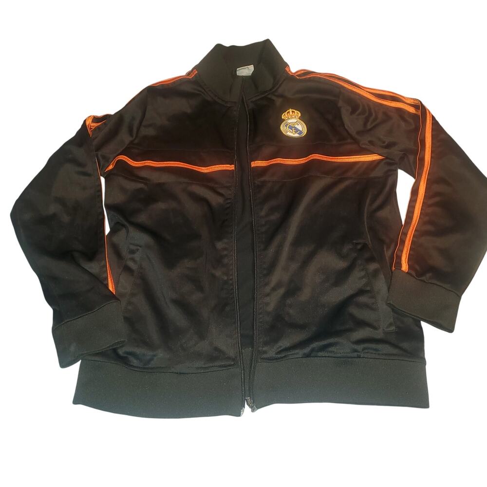 Real Madrid Track Jacket Boys L 14/16 Black Orange Soccer Zipper Broken Repair